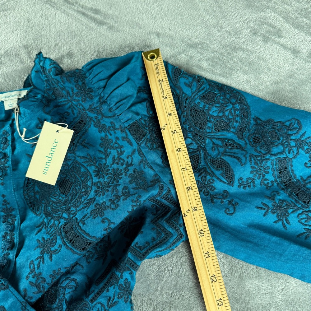 Sundance Top NWT Large Blue Floral Lace Embroidered Eyelet Blouse Whimsygoth - Picture 9 of 16